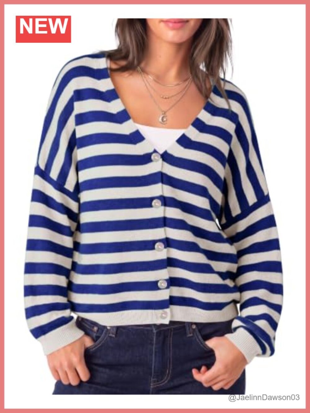 Striped V-Neck Knit Cardigan Button Down Loose Sweater